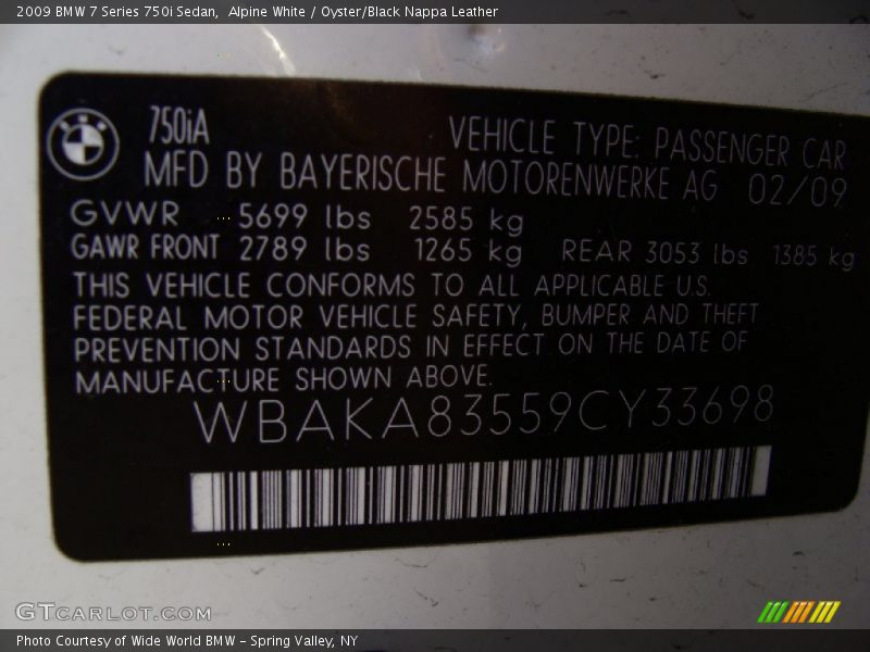 Alpine White / Oyster/Black Nappa Leather 2009 BMW 7 Series 750i Sedan