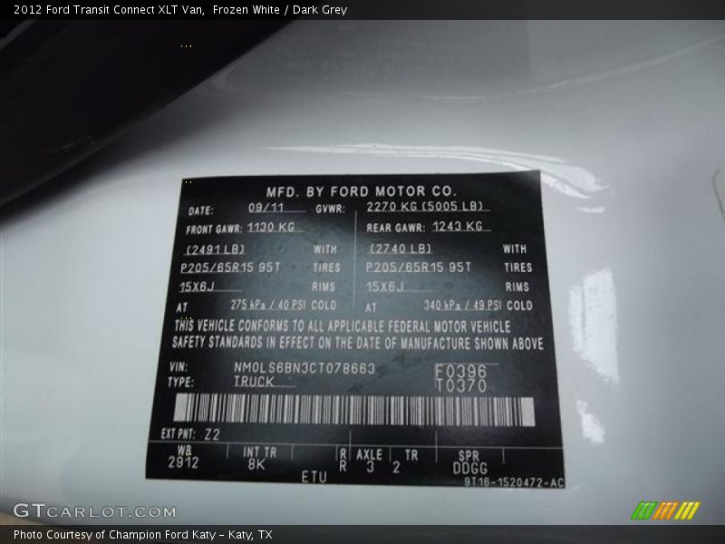 Frozen White / Dark Grey 2012 Ford Transit Connect XLT Van