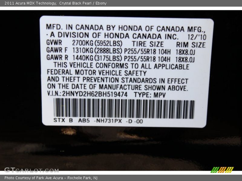 Crystal Black Pearl / Ebony 2011 Acura MDX Technology
