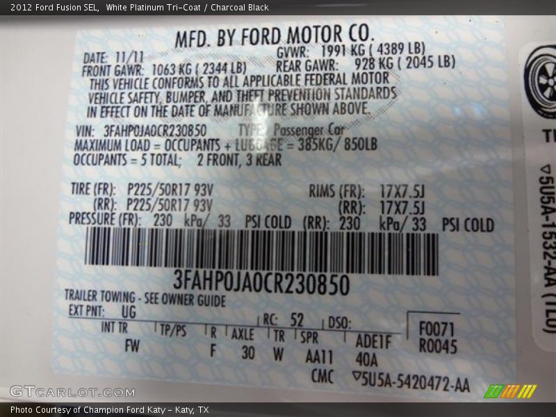 White Platinum Tri-Coat / Charcoal Black 2012 Ford Fusion SEL