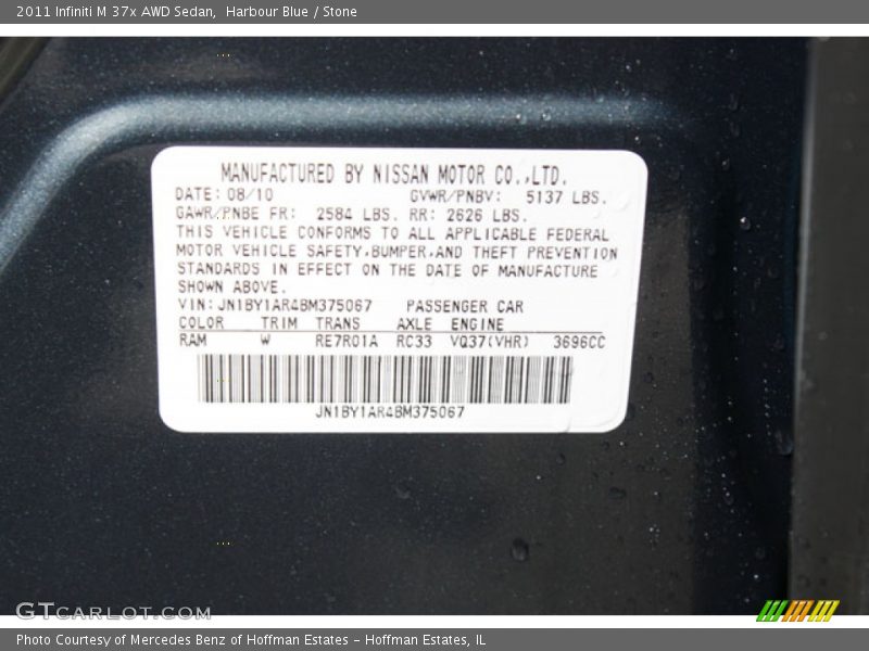 2011 M 37x AWD Sedan Harbour Blue Color Code RAM
