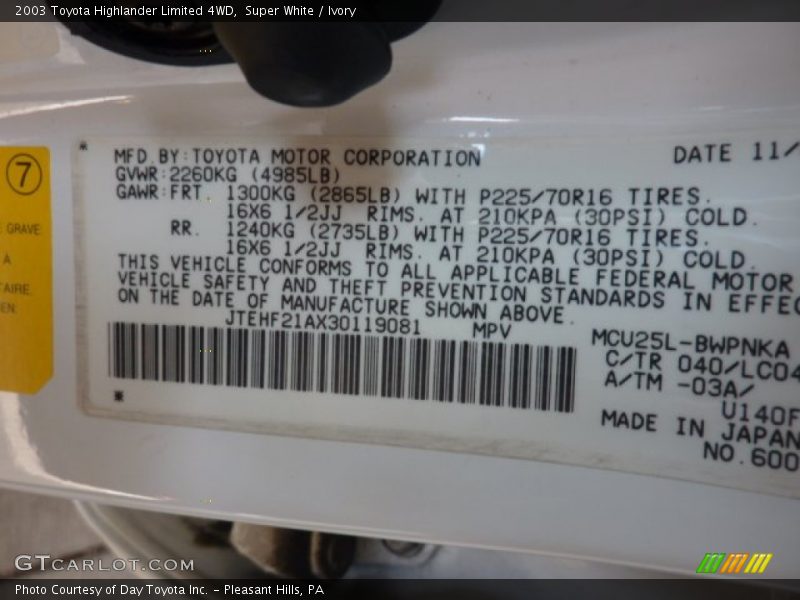 Super White / Ivory 2003 Toyota Highlander Limited 4WD
