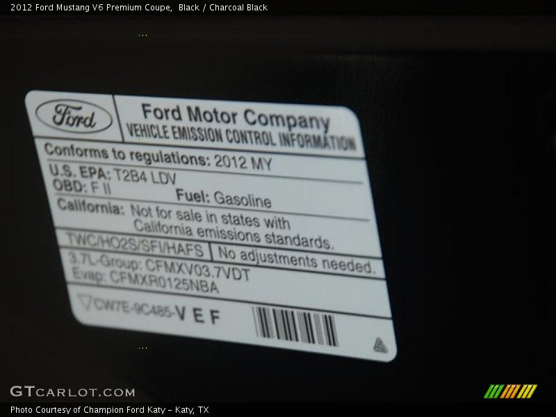 Info Tag of 2012 Mustang V6 Premium Coupe