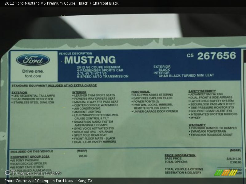  2012 Mustang V6 Premium Coupe Window Sticker