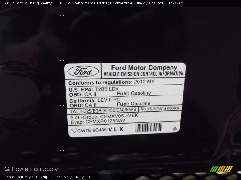 Info Tag of 2012 Mustang Shelby GT500 SVT Performance Package Convertible