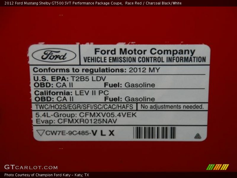 Info Tag of 2012 Mustang Shelby GT500 SVT Performance Package Coupe