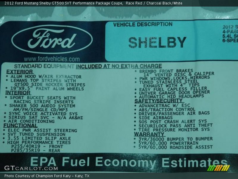  2012 Mustang Shelby GT500 SVT Performance Package Coupe Window Sticker