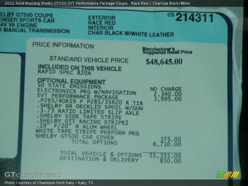  2012 Mustang Shelby GT500 SVT Performance Package Coupe Window Sticker