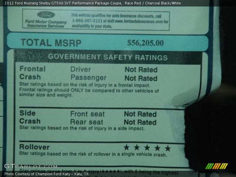  2012 Mustang Shelby GT500 SVT Performance Package Coupe Window Sticker