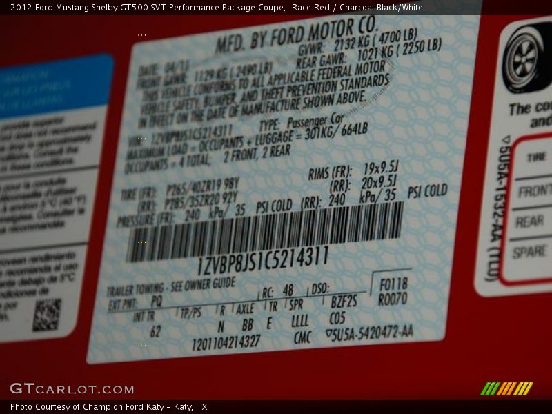 2012 Mustang Shelby GT500 SVT Performance Package Coupe Race Red Color Code PQ