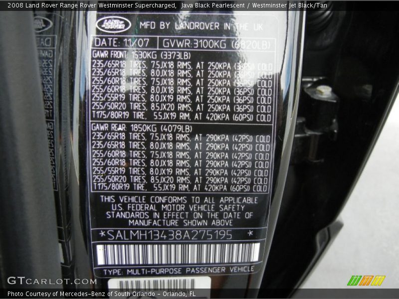 Java Black Pearlescent / Westminster Jet Black/Tan 2008 Land Rover Range Rover Westminster Supercharged