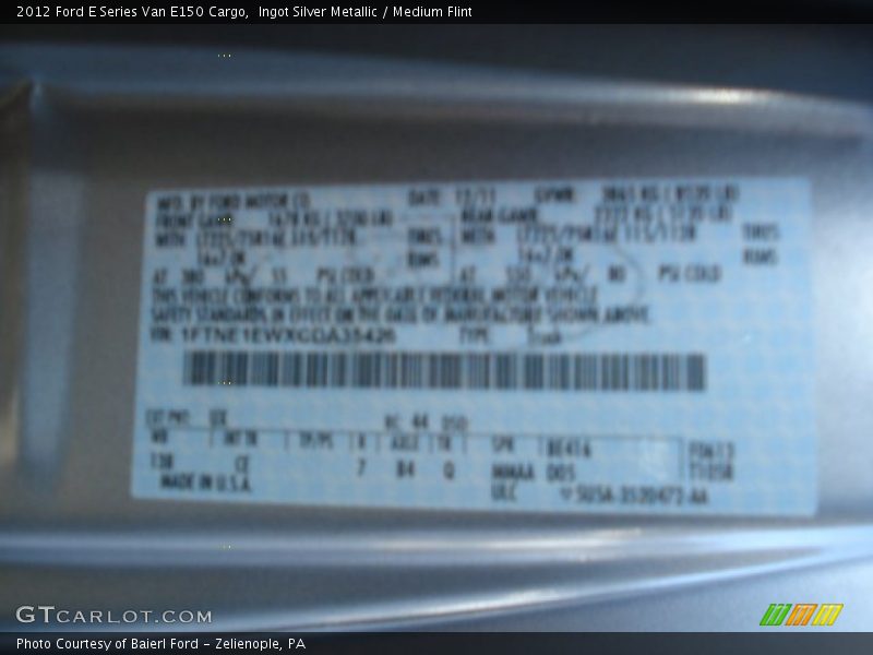 2012 E Series Van E150 Cargo Ingot Silver Metallic Color Code UX