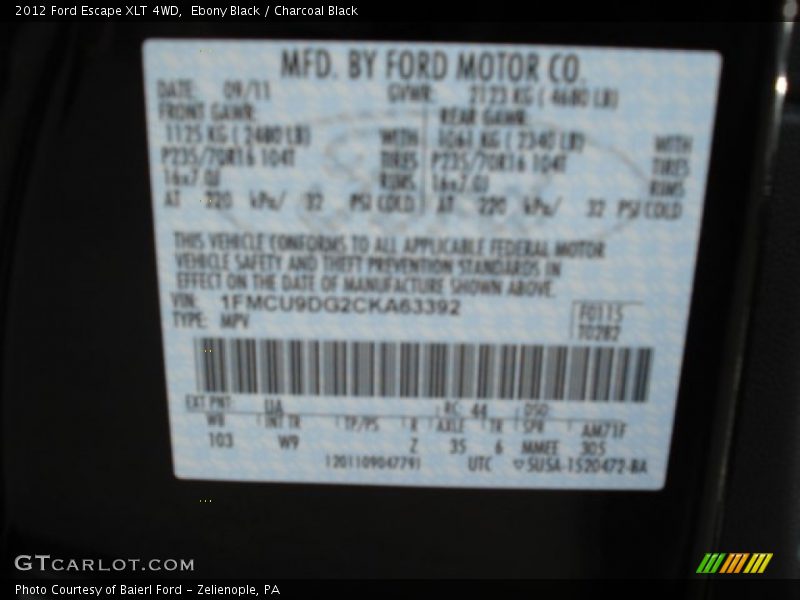 Ebony Black / Charcoal Black 2012 Ford Escape XLT 4WD