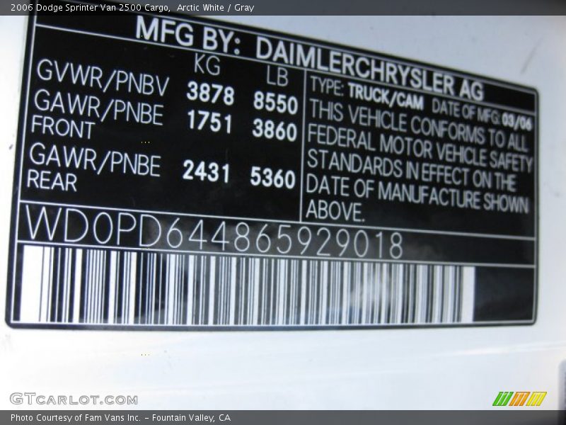 Info Tag of 2006 Sprinter Van 2500 Cargo