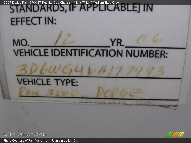 Bright White / Medium Slate Gray 2007 Dodge Ram 3500 ST Regular Cab Chassis