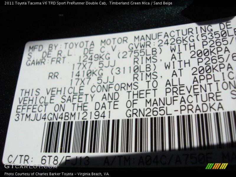 Timberland Green Mica / Sand Beige 2011 Toyota Tacoma V6 TRD Sport PreRunner Double Cab