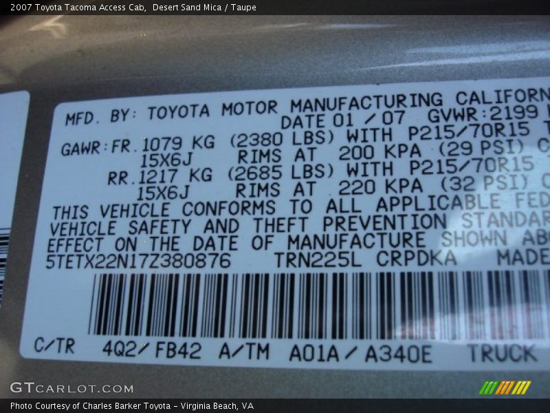 Desert Sand Mica / Taupe 2007 Toyota Tacoma Access Cab