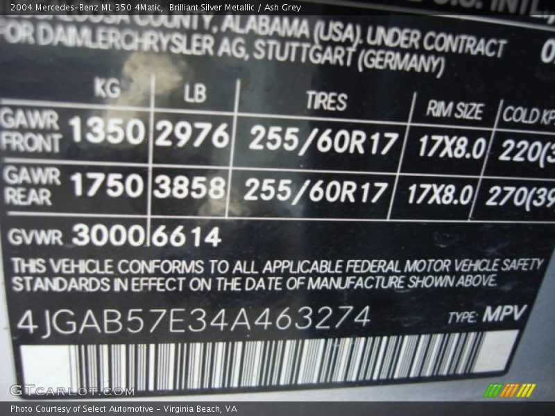 Brilliant Silver Metallic / Ash Grey 2004 Mercedes-Benz ML 350 4Matic