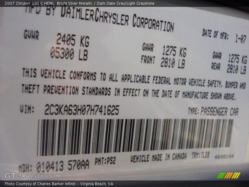 Bright Silver Metallic / Dark Slate Gray/Light Graystone 2007 Chrysler 300 C HEMI