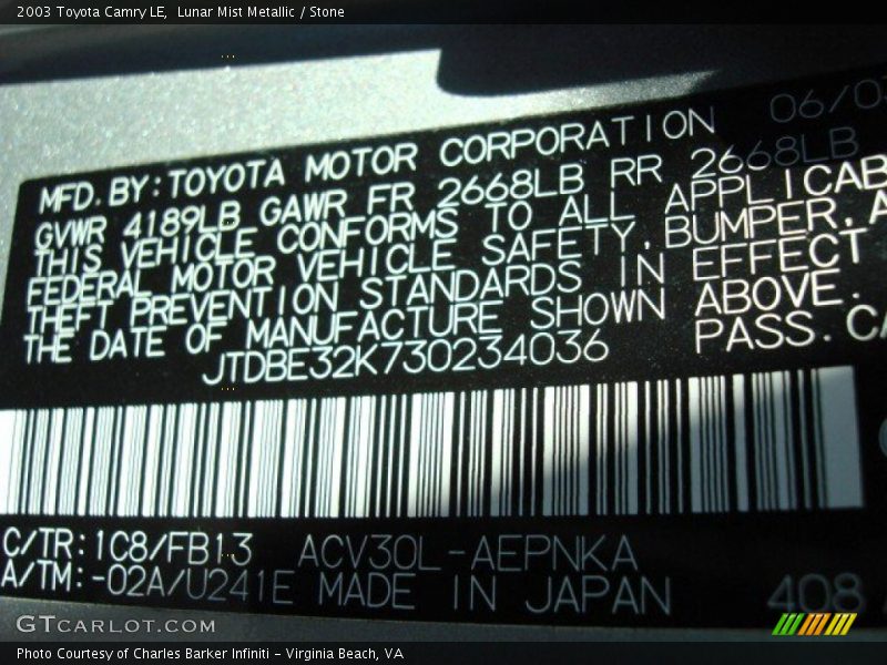 2003 Camry LE Lunar Mist Metallic Color Code 1C8