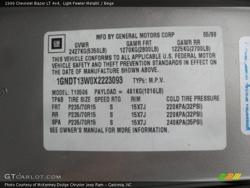 Light Pewter Metallic / Beige 1999 Chevrolet Blazer LT 4x4