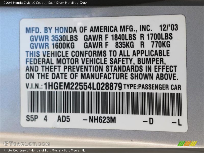 Satin Silver Metallic / Gray 2004 Honda Civic LX Coupe