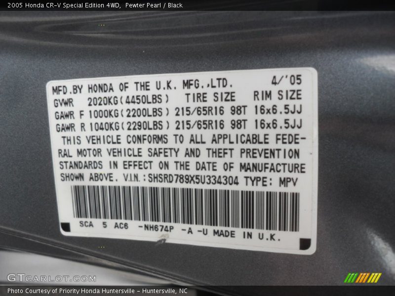 Pewter Pearl / Black 2005 Honda CR-V Special Edition 4WD