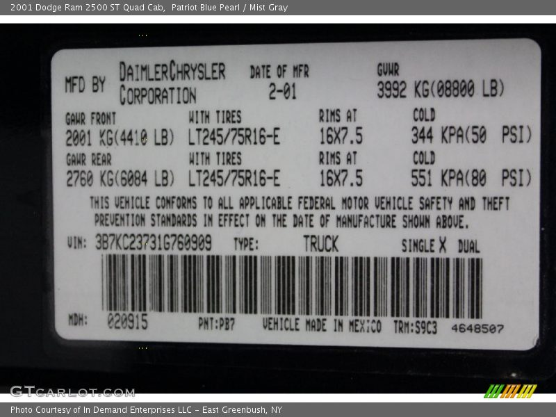 2001 Ram 2500 ST Quad Cab Patriot Blue Pearl Color Code PB7