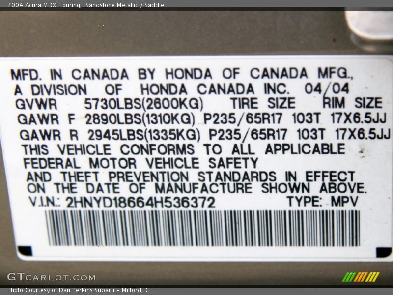 Sandstone Metallic / Saddle 2004 Acura MDX Touring