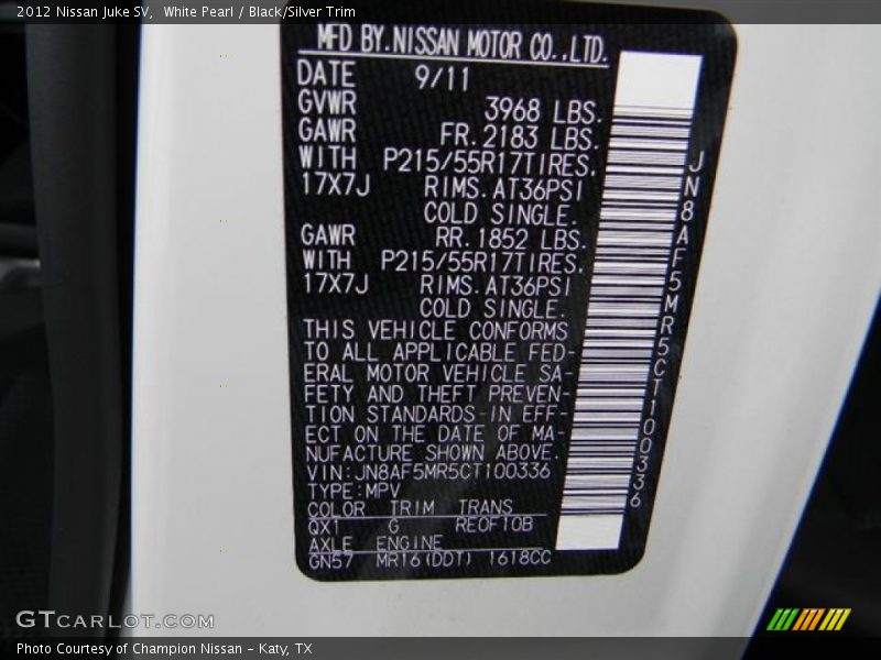 2012 Juke SV White Pearl Color Code QX1
