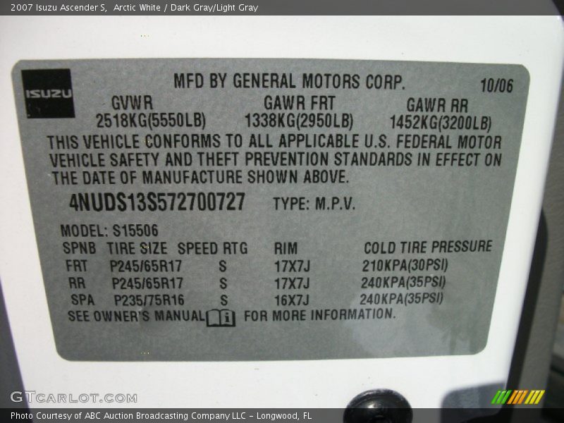 Arctic White / Dark Gray/Light Gray 2007 Isuzu Ascender S