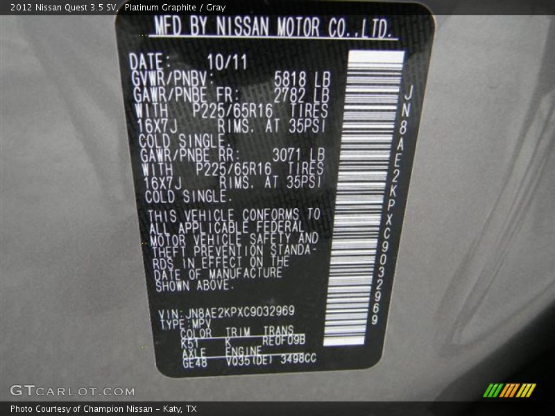 Platinum Graphite / Gray 2012 Nissan Quest 3.5 SV