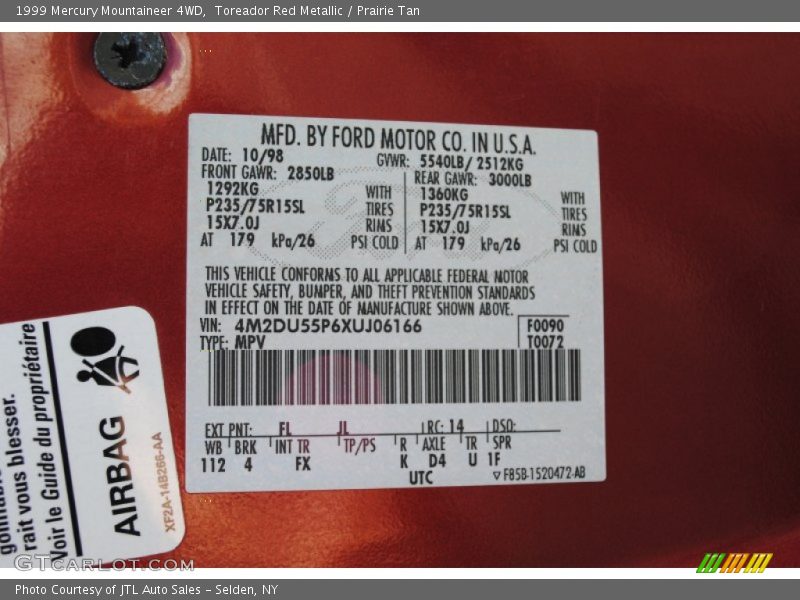 Toreador Red Metallic / Prairie Tan 1999 Mercury Mountaineer 4WD