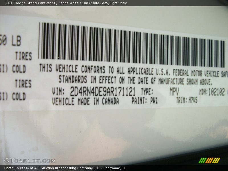 Stone White / Dark Slate Gray/Light Shale 2010 Dodge Grand Caravan SE