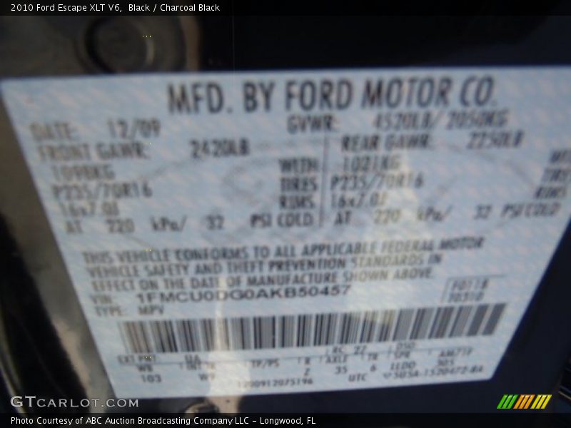 Black / Charcoal Black 2010 Ford Escape XLT V6