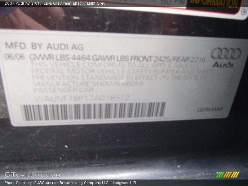 Lava Grey Pearl Effect / Light Grey 2007 Audi A3 2.0T