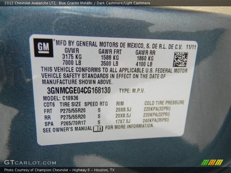 Blue Granite Metallic / Dark Cashmere/Light Cashmere 2012 Chevrolet Avalanche LTZ