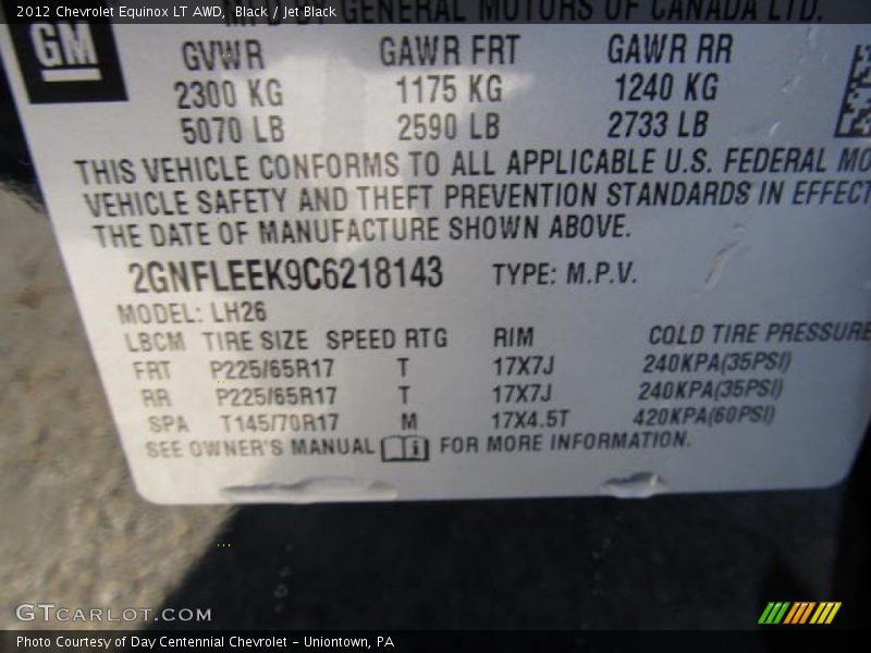 Black / Jet Black 2012 Chevrolet Equinox LT AWD