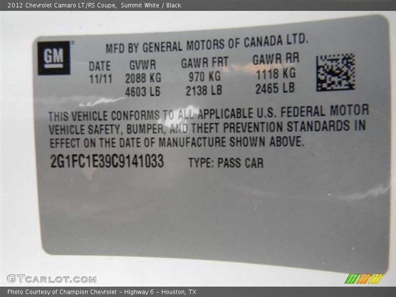 Summit White / Black 2012 Chevrolet Camaro LT/RS Coupe