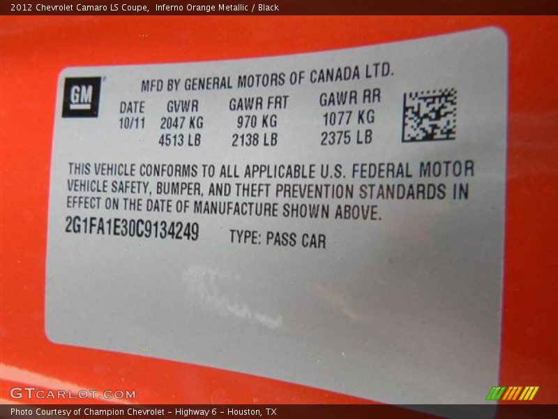 Inferno Orange Metallic / Black 2012 Chevrolet Camaro LS Coupe