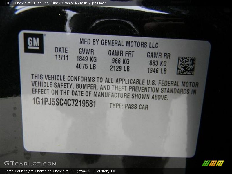 Black Granite Metallic / Jet Black 2012 Chevrolet Cruze Eco