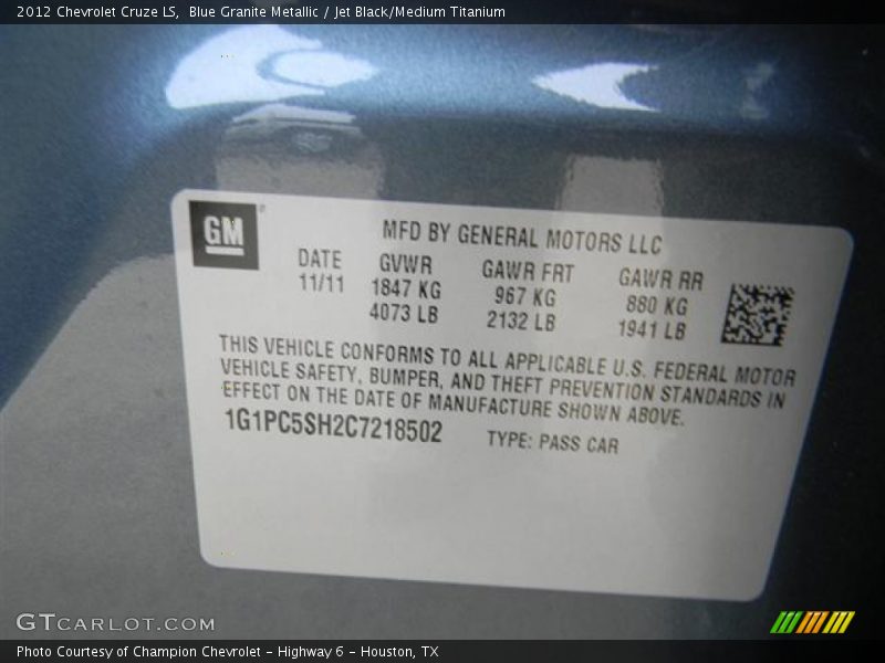 Blue Granite Metallic / Jet Black/Medium Titanium 2012 Chevrolet Cruze LS