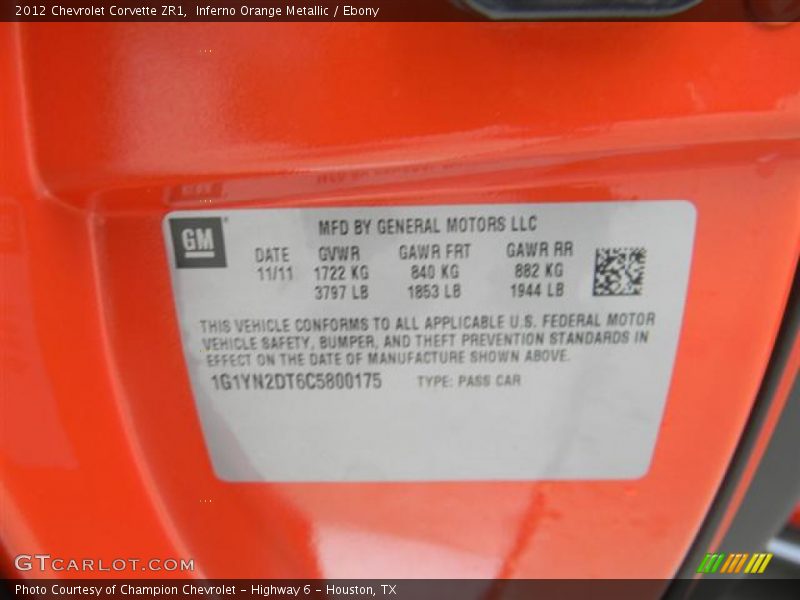 Info Tag of 2012 Corvette ZR1