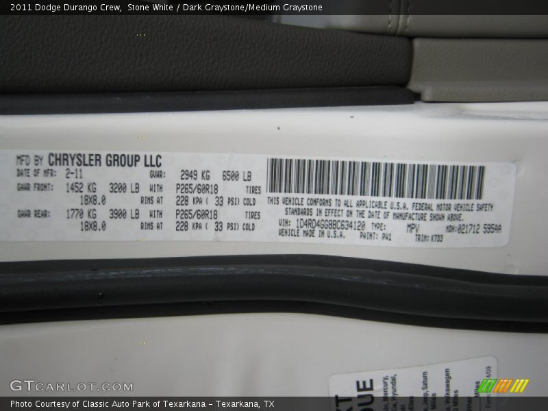 Stone White / Dark Graystone/Medium Graystone 2011 Dodge Durango Crew