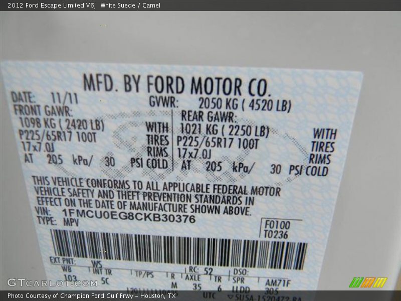 White Suede / Camel 2012 Ford Escape Limited V6