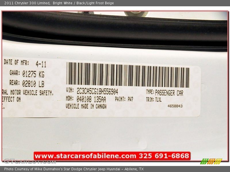 Bright White / Black/Light Frost Beige 2011 Chrysler 300 Limited