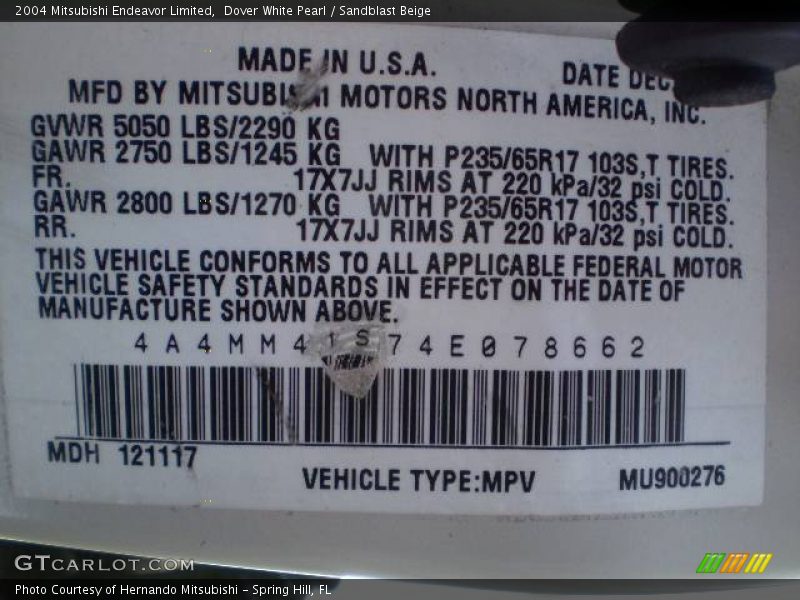 Dover White Pearl / Sandblast Beige 2004 Mitsubishi Endeavor Limited