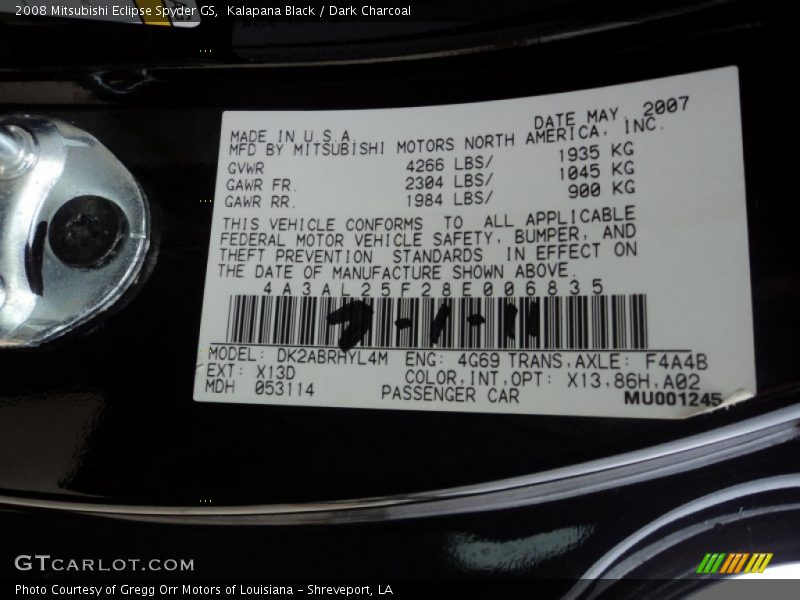 Kalapana Black / Dark Charcoal 2008 Mitsubishi Eclipse Spyder GS