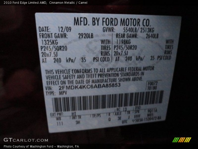 2010 Edge Limited AWD Cinnamon Metallic Color Code HT