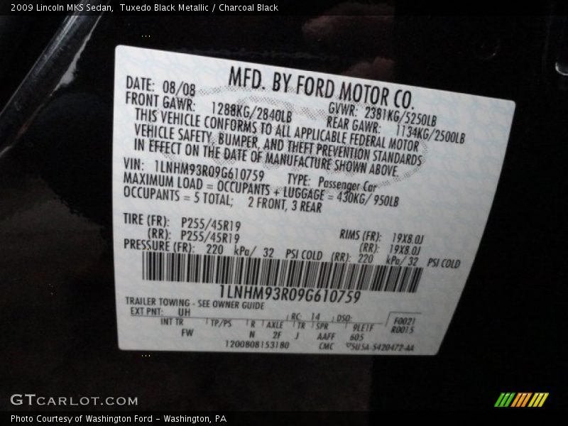 Tuxedo Black Metallic / Charcoal Black 2009 Lincoln MKS Sedan